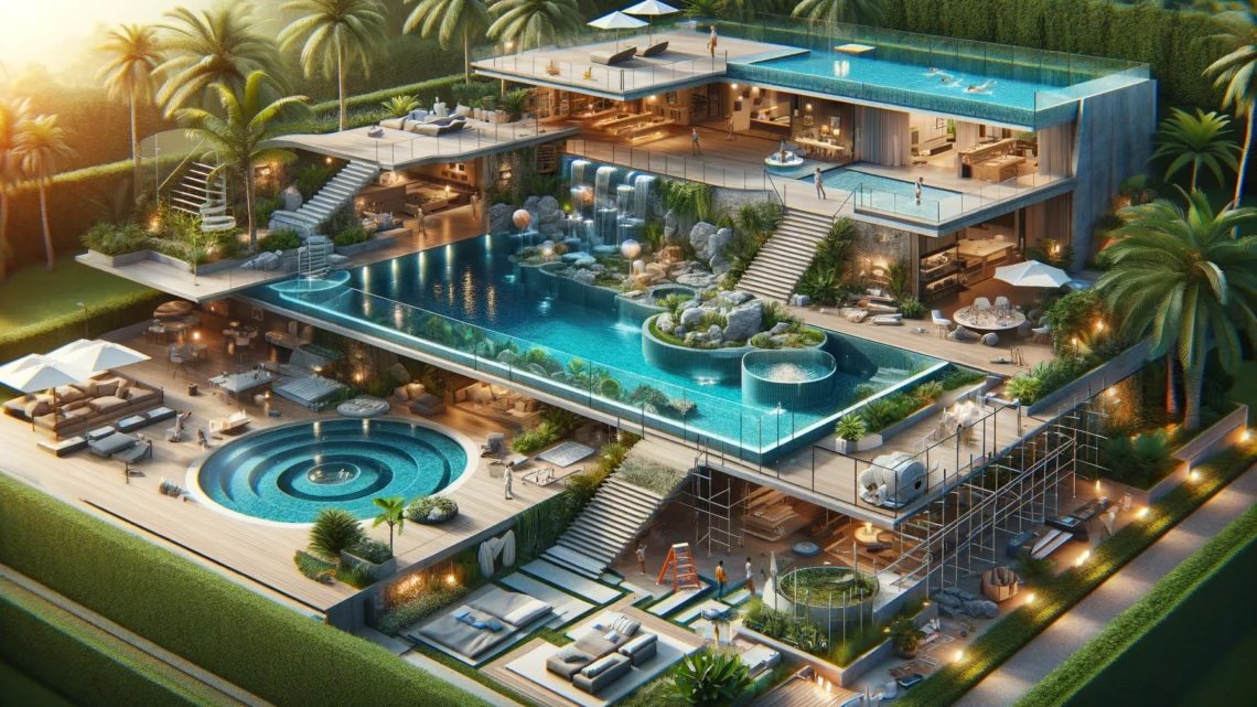 image graphique représentant une piscine à débordement luxueuse en cours de construction dans un cadre moderne de jardin. Elle montre les étapes de construction, mettant en évidence les matériaux de haute qualité, les systèmes de filtration et de chauffage avancés, et l'éclairage moderne. Les éléments de construction tels que les échafaudages, les travailleurs et les équipements sont visibles, soulignant la planification minutieuse et les efforts nécessaires pour créer une piscine à débordement haut de gamme.
